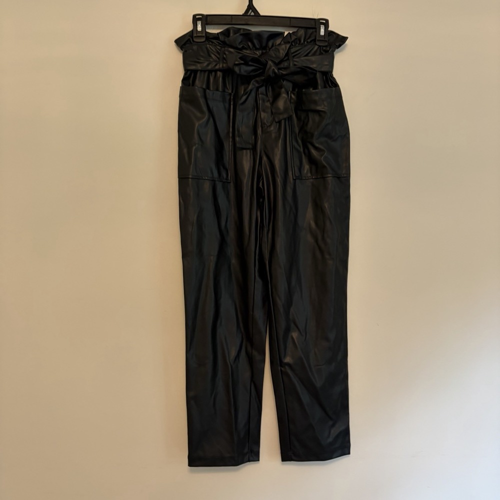 Who What Wear Sz 2 Black Faux Leather Tapered Pants Belted Paper Bag‎ High Rise
